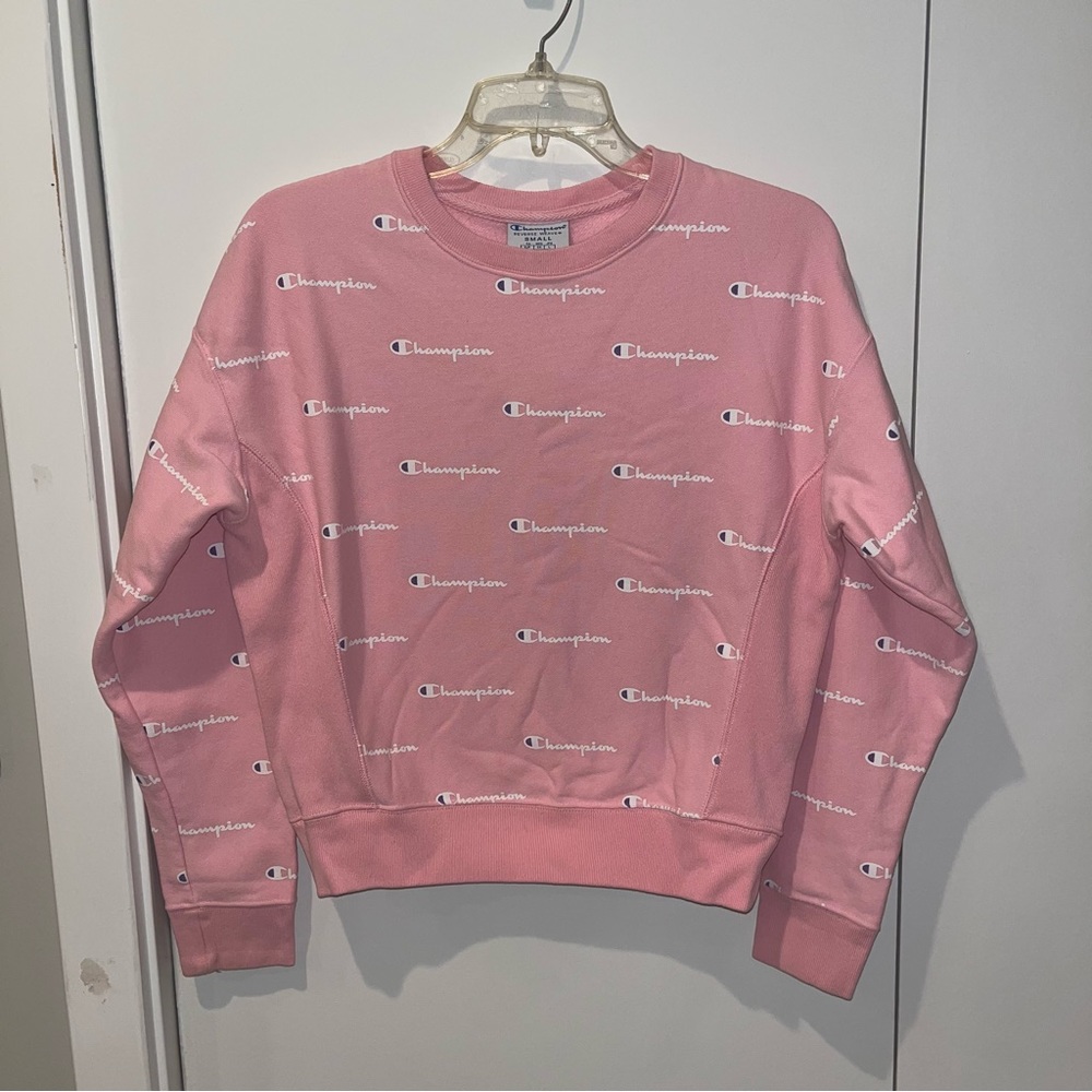 Champion Pink Crewneck Sweater with Text Print